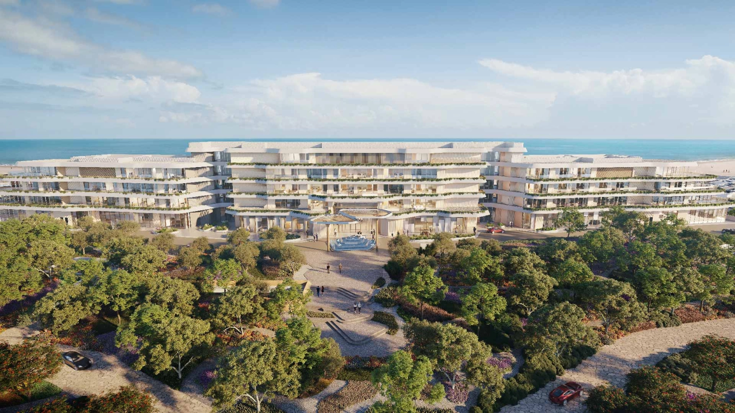 Luxurious exterior of SHA Residences with soft lighting and curved lines